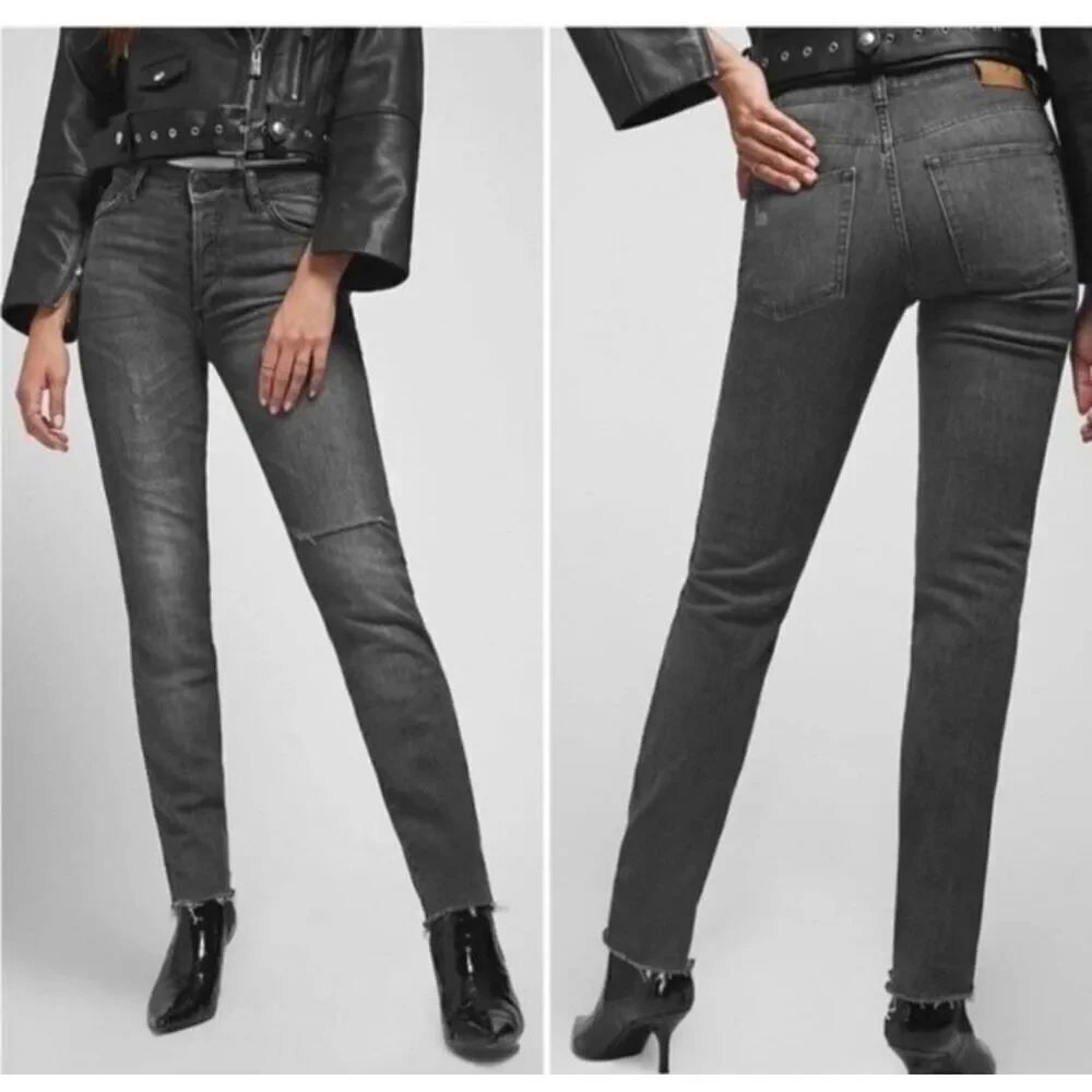 Anine Bing Kara Skinny  Gray Distressed Raw Hem Jeans Sz 24